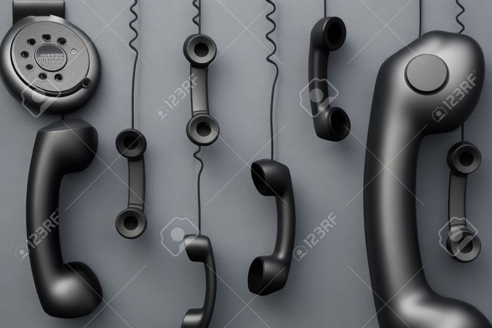 Receptor de telefone vermelho pendurado sobre o conceito de fundo cinza para no telefone, em espera ou entre em contato conosco