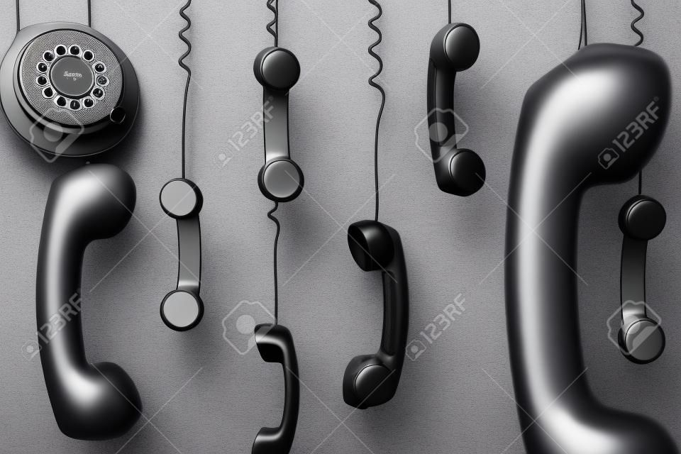 Récepteur téléphonique rouge suspendu au concept de fond gris pour le téléphone, en attente ou contactez-nous