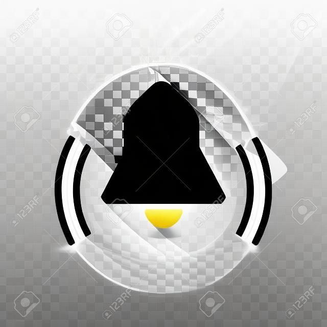 schwarze Glockensymbol. Weiße Ikone mit Schatten auf transparentem Hintergrund