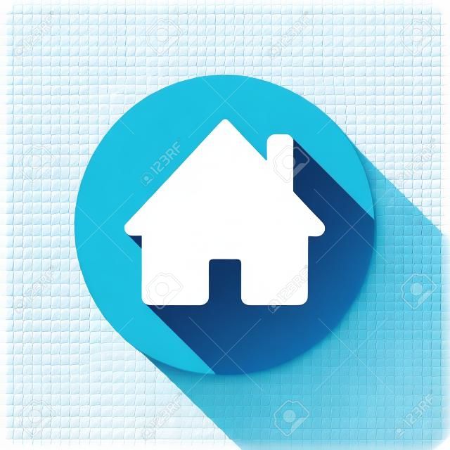 House icon. White flat icon with long shadow in circle on transparent background
