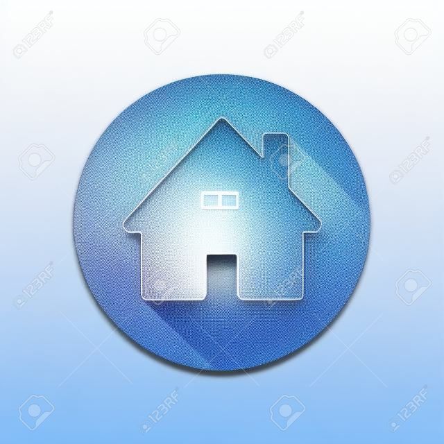 House icon. White flat icon with long shadow in circle on transparent background