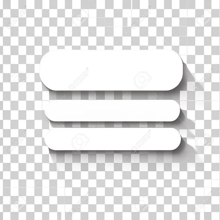 Menu hamburger. Icona web. Icona bianca con ombra su sfondo trasparente