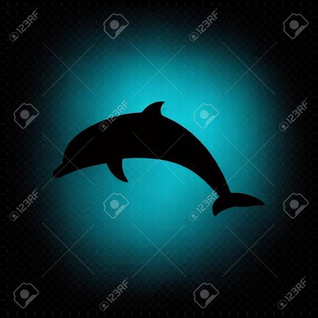 silueta de delfín. Icono de cristal negro con suave sombra sobre fondo transparente