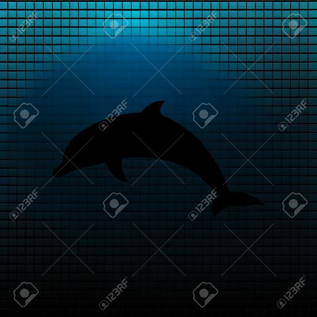 silueta de delfín. Icono de cristal negro con suave sombra sobre fondo transparente