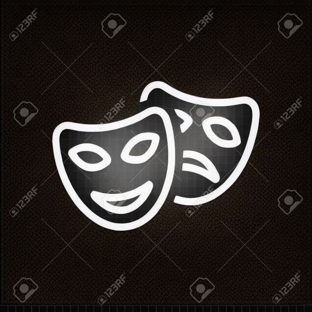 Smile and sad masks, comedy and drama theater, opposite emotions. Linear outline icon. Black symbol on transparent background