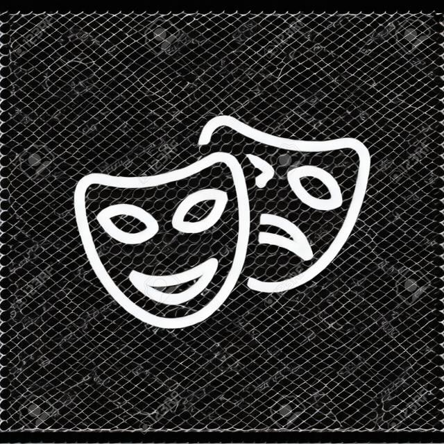 Smile and sad masks, comedy and drama theater, opposite emotions. Linear outline icon. Black symbol on transparent background