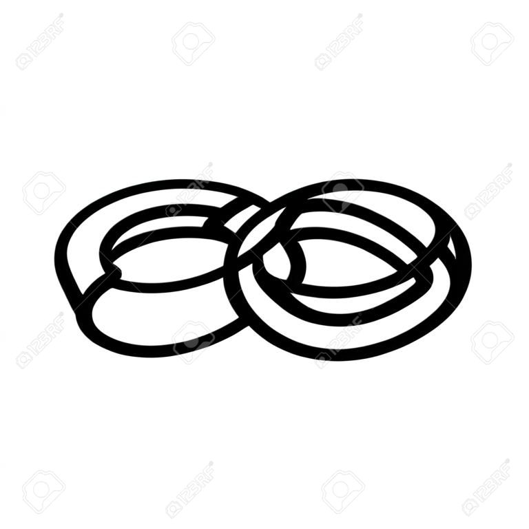 Wedding rings, pair crossed and linked circles, linear outline icon. Black icon on white background