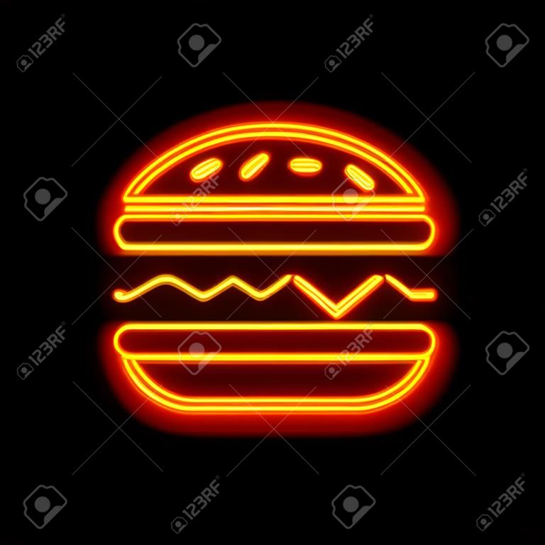 Hamburger icon. Fast food. Linear outline symbol. Orange neon style on black background. Light icon