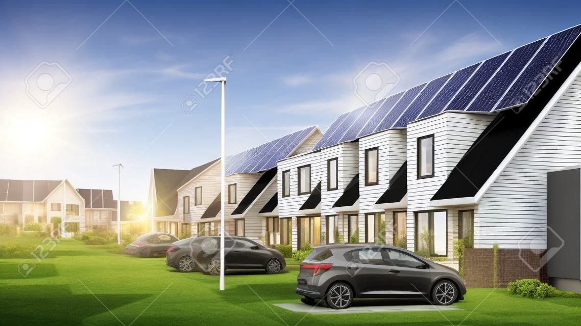 Nowo wybudowane domy z panelami słonecznymi przymocowanymi do dachu na tle słonecznego nieba w pobliżu nowego budynku z czarnymi panelami słonecznymi. zonnepanelen, zonne energie, tłumaczenie: panel słoneczny, , energia słoneczna.