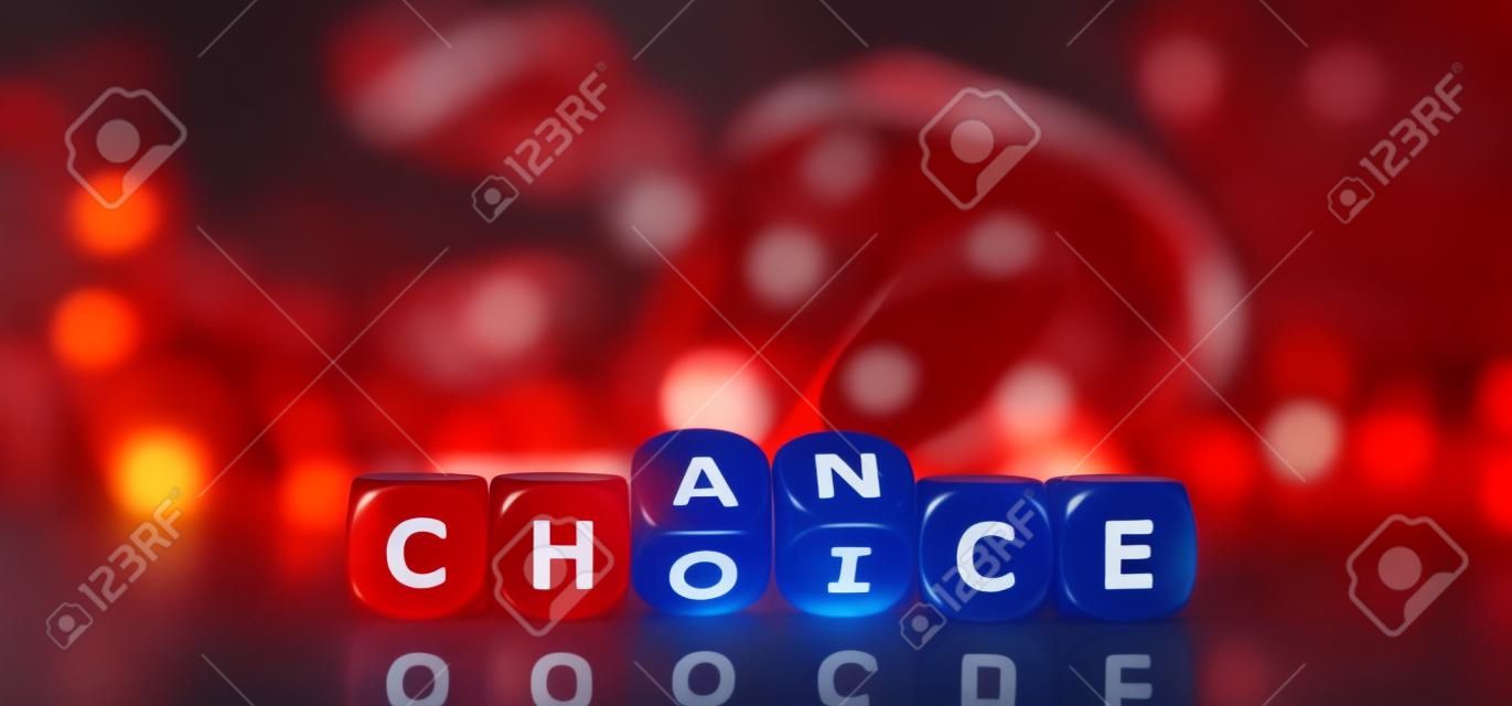 Hand turns dice and changes the word choice to chance. Symbol that every choice is also a chance.