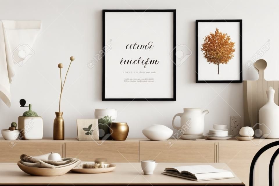 Creative composition of stylish dining room intrerior with mock up poster frames, beige sideboard, family dining table, plants and vintage personal accessories. Copy space. Template. Autumn vibes.