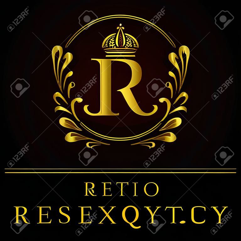 Vector illustration of Monogram design elements, graceful template. Elegant line art logo design. Business gold emblem letter R for Restaurant, Royalty, Boutique, Cafe, Hotel, Heraldic, Jewelry, Fashion