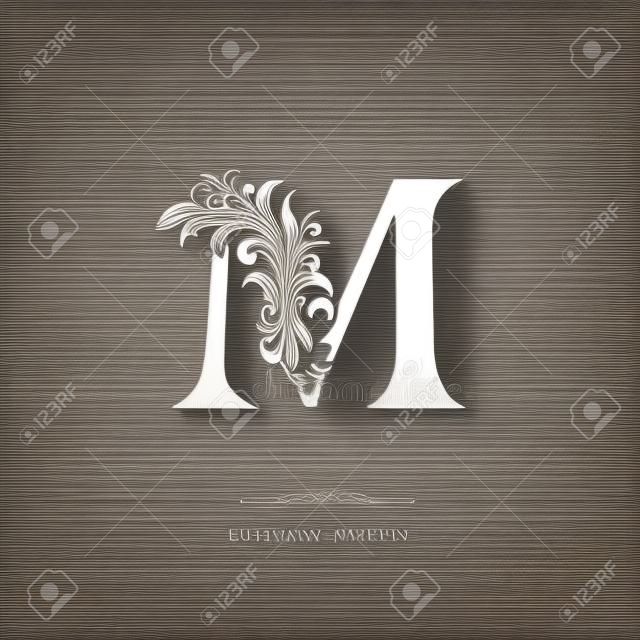 Elegant letter M. Graceful royal style. Calligraphic beautiful logo. Vintage drawn emblem for book design, brand name, business card, Restaurant, Boutique, Hotel. Vector illustration