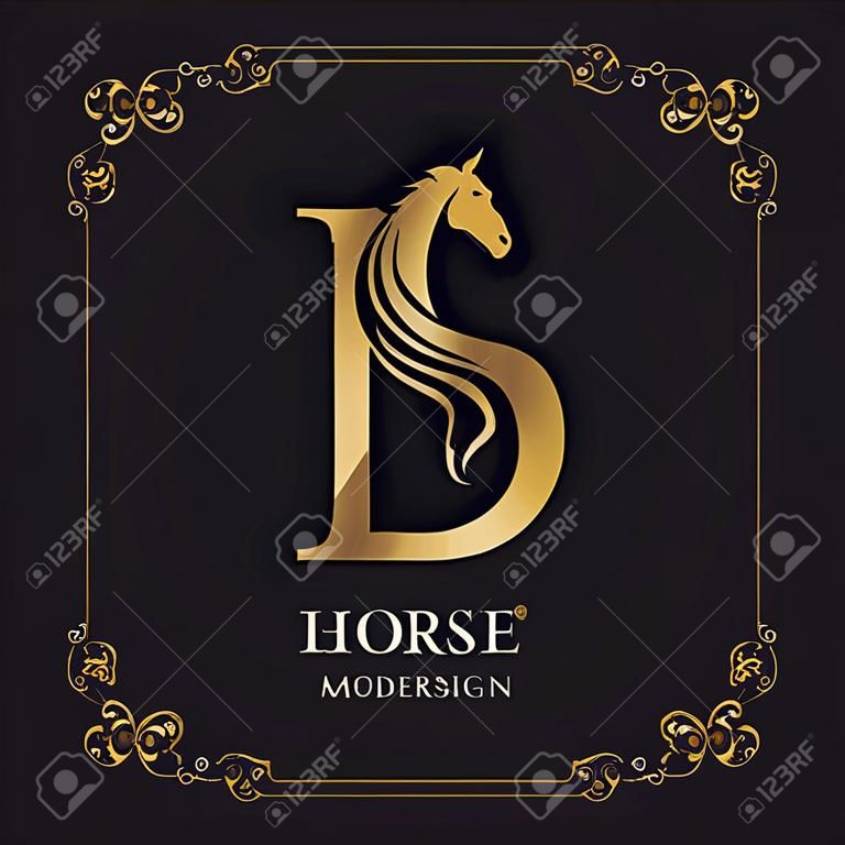 Capital Letter L with a Horse. Royal Logo. King Stallion in Jump. Racehorse Head Profile. Gold Monogram on Black Background with Border. Stylish Graphic Template Design. Tattoo. Vector illustration