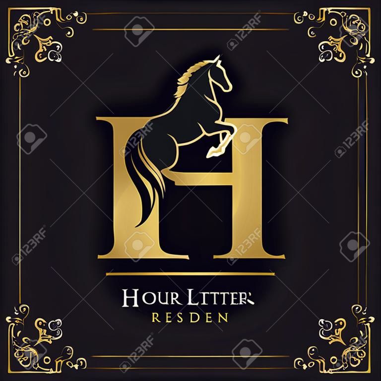 馬と大文字H。ロイヤルロゴ。ジャンプのキングスタリオン。競走馬のヘッドプロファイル。ボーダー付きの黒い背景に金のモノグラム。スタイリッシュなグラフィックテンプレートデザイン。刺青。ベクトルの図
