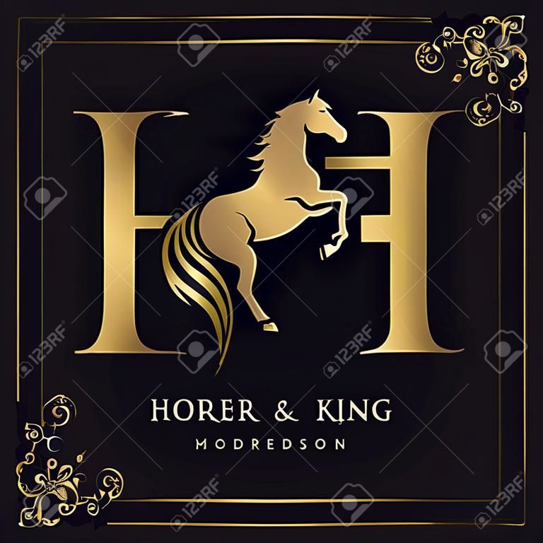 Lettre majuscule H avec un cheval. Logo Royal. King Stallion en saut. Profil de tête de cheval de course. Monogramme or sur fond noir avec bordure. Conception de modèle graphique élégant. Tatouage. Illustration vectorielle
