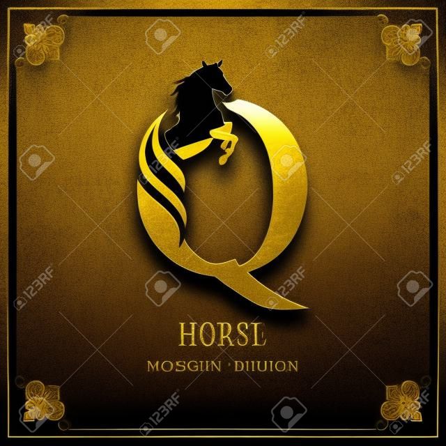 Capital Letter Q with a Horse. Royal Logo. King Stallion in Jump. Racehorse Head Profile. Gold Monogram on Black Background with Border. Stylish Graphic Template Design. Tattoo. Vector illustration
