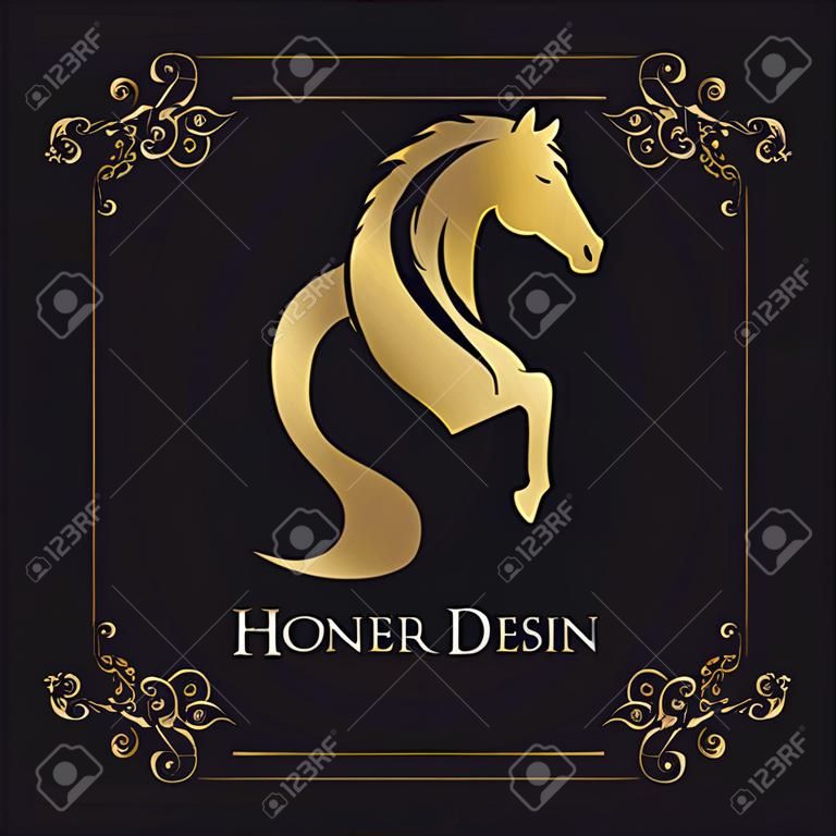 馬を持つ大文字の文字S。ロイヤルロゴ。ジャンプのキングスタリオン。競走馬のヘッドプロファイル。ボーダー付きの黒い背景に金のモノグラム。スタイリッシュなグラフィックテンプレートデザイン。刺青。ベクトルの図