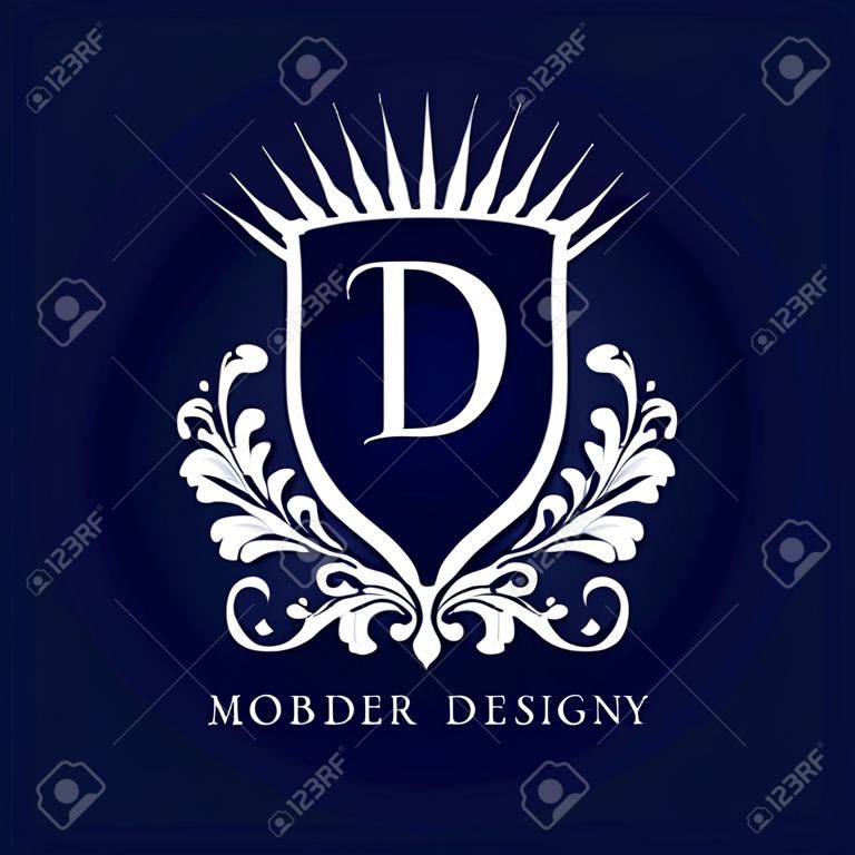 Letter D in the Sunlight. Coat of Arms with a Floral Wreath. Art Logo Design. Luxurious Monogram for Personal or Family Emblem, Business Sign, Wedding, Boutique, Hotel, Restaurant. Vector illustration