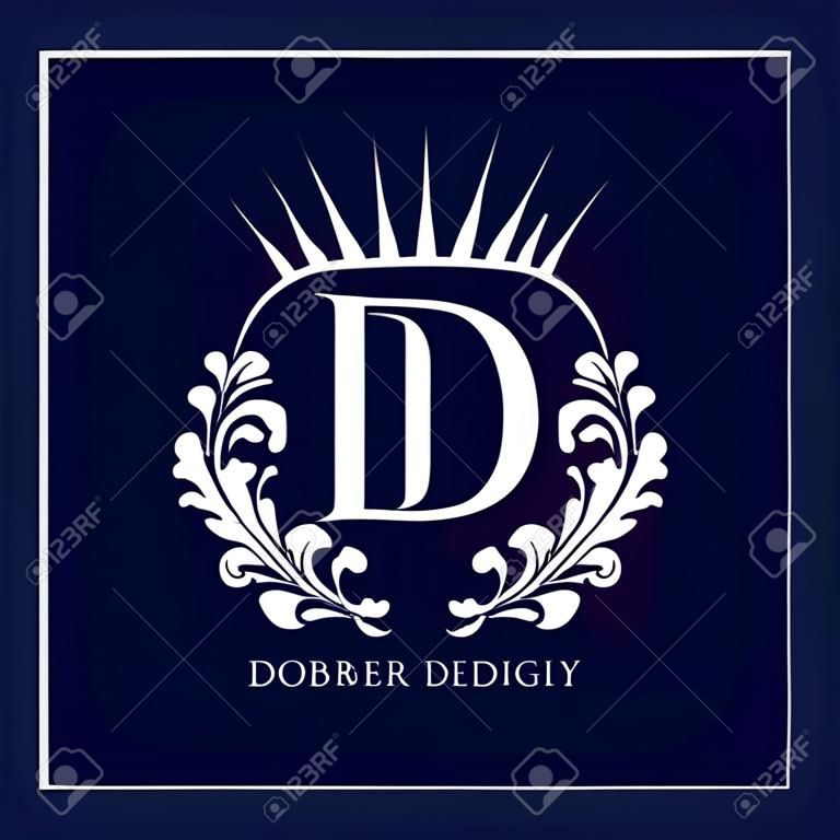 Letter D in the Sunlight. Coat of Arms with a Floral Wreath. Art Logo Design. Luxurious Monogram for Personal or Family Emblem, Business Sign, Wedding, Boutique, Hotel, Restaurant. Vector illustration