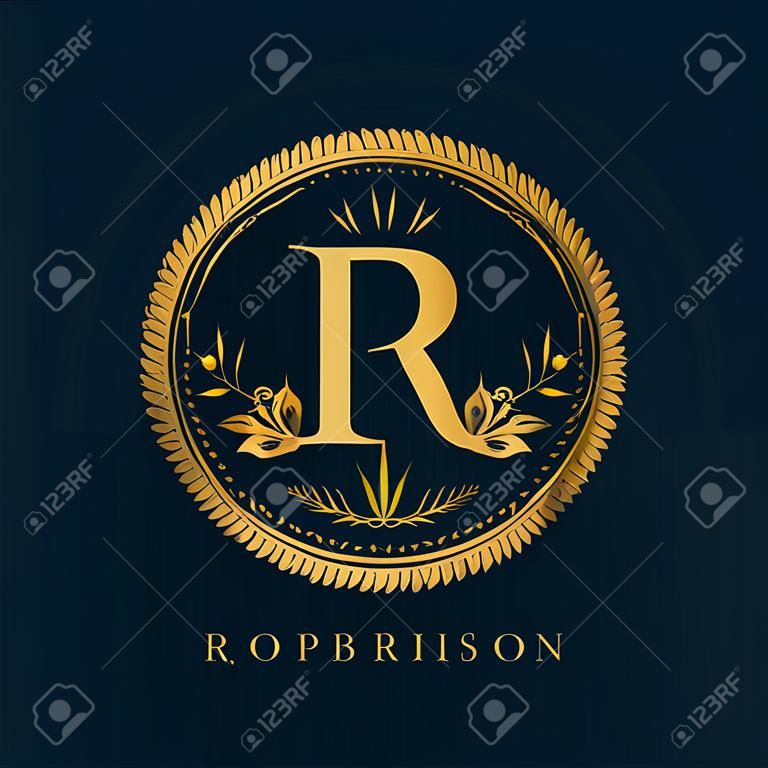Letter R in the Sunlight. Coat of Arms with a Floral Wreath. Art Logo Design. Luxurious Monogram for Personal or Family Emblem, Business Sign, Wedding, Boutique, Hotel, Restaurant. Vector illustration