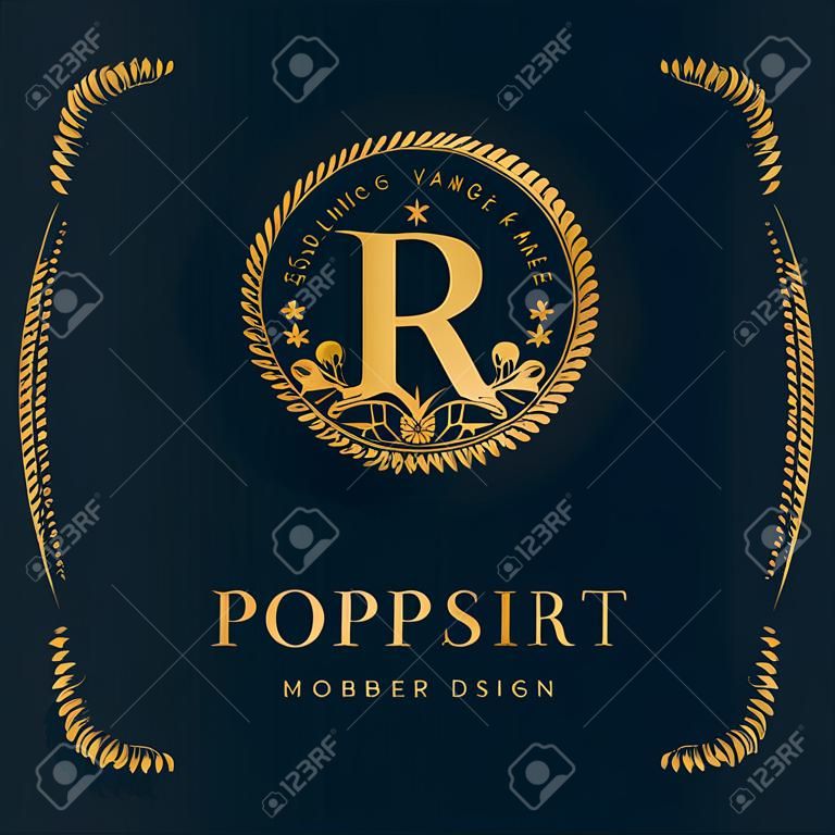 Letter R in the Sunlight. Coat of Arms with a Floral Wreath. Art Logo Design. Luxurious Monogram for Personal or Family Emblem, Business Sign, Wedding, Boutique, Hotel, Restaurant. Vector illustration