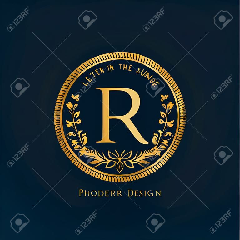 Letter R in het zonnelicht. Wapenjas met een bloemenkrans. Art Logo Design. Luxueus Monogram voor Persoonlijke of Familie Emblem, Business Sign, Bruiloft, Boutique, Hotel, Restaurant. Vector illustratie