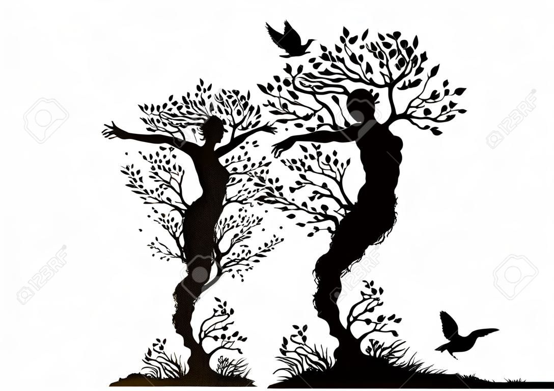 两棵树的轮廓看起来像男人和女人互相伸展手臂的植物超现实主义仙女树剪影白色背景矢量上的两个树的灵魂