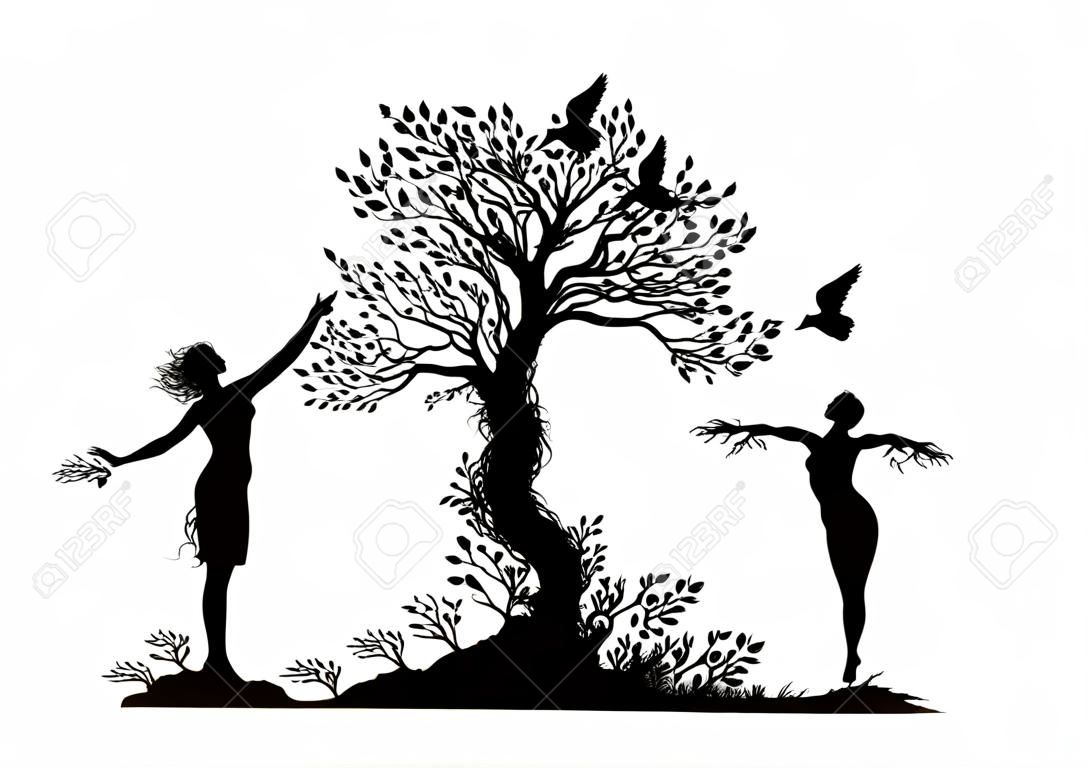 兩棵樹剪影看起來像男人和女人伸展到彼此的胳膊，植物超現實主義，童話樹剪影白色背景上的兩個樹靈魂矢量。