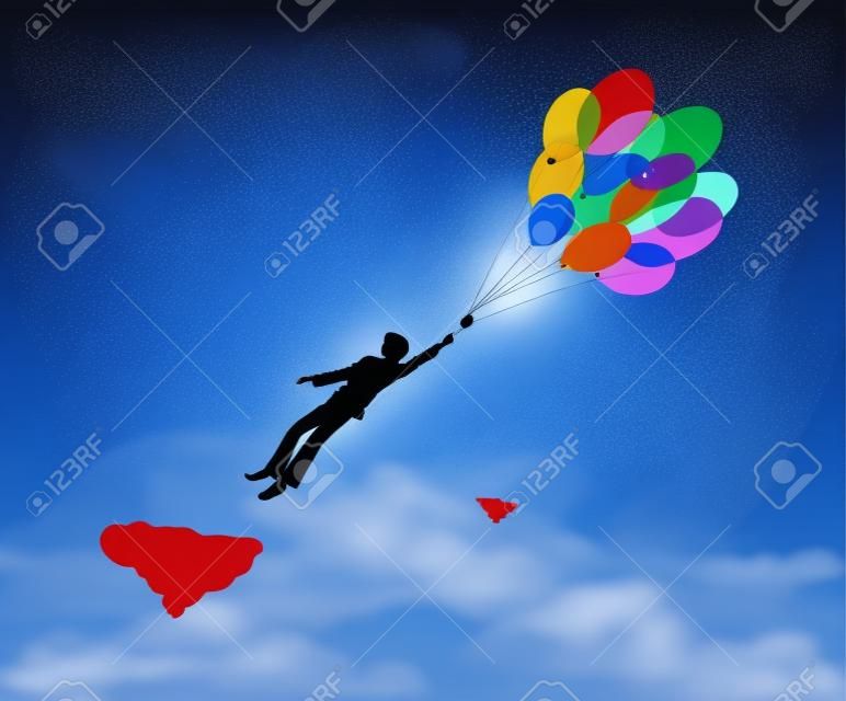teenager silhouette holds the baloons and flying up to the sky, strong wind story, dreamer concept, scene in dreamland, shadow story vector
