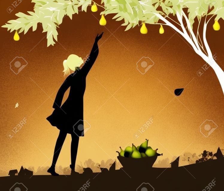ragazza silhoutte raccoglie la pera, scena del raccolto di frutta, ombre in bianco e nero, secchio pieno di pere sull'erba, prodotto della natura, vettore