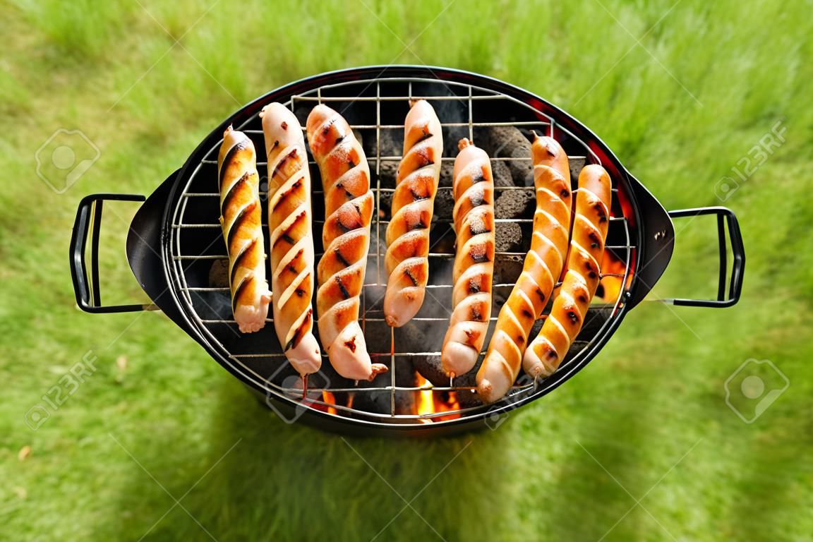 Vista desde arriba en un fondo de hierba verde de una fila de la carne de cerdo y carne de res asado bratwurst sobre un fuego de la barbacoa en un día caluroso durante las vacaciones de verano