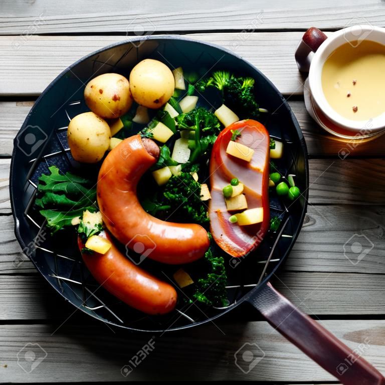 Cierre de tiro aéreo de Gourmet Recipe alemán con salchichas, cerdo y patatas con col rizada en una sartén. Servido en mesa de madera con salsa de mostaza y cerveza en el lado.