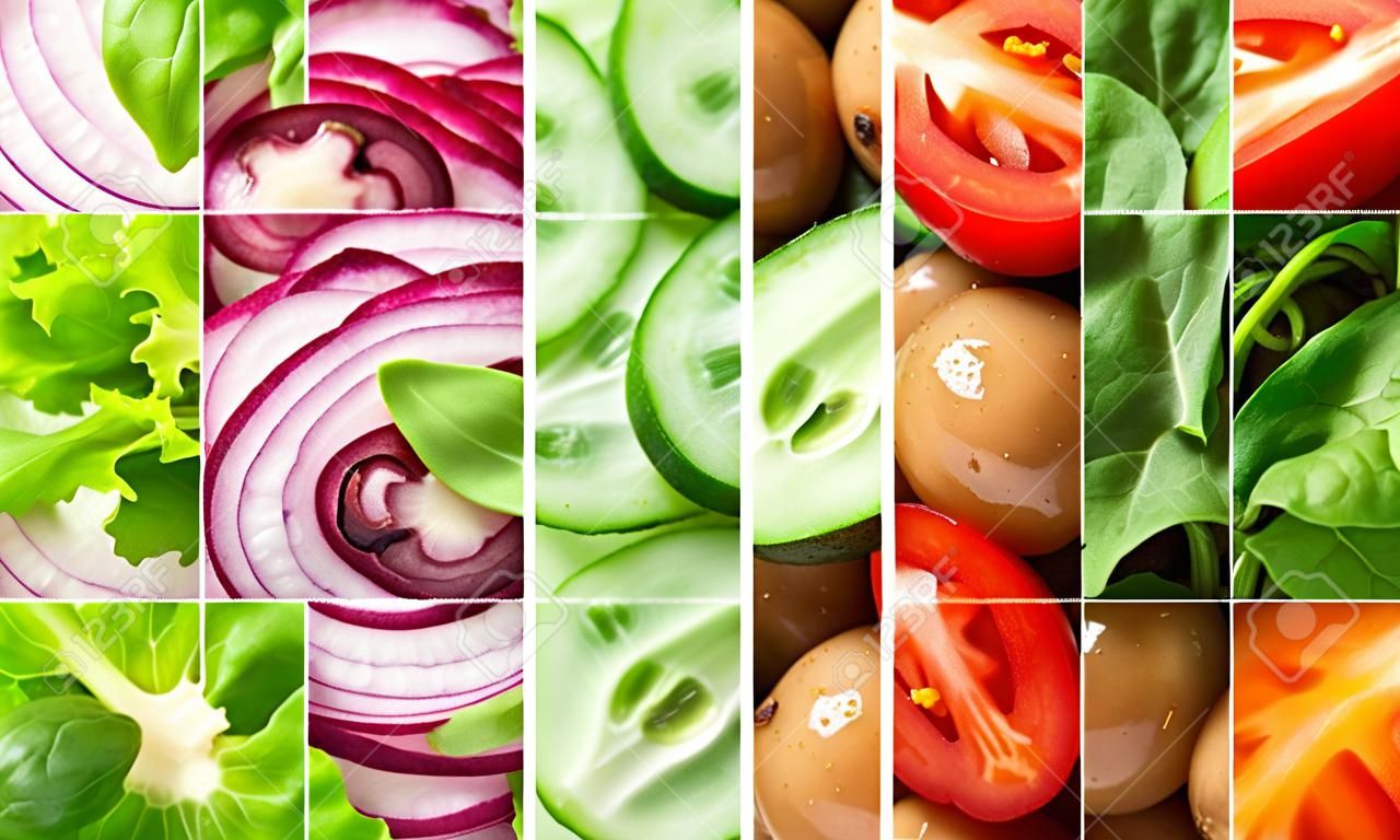 Fresh vegetables collage background with vertical bands containing sliced mushrooms, lettuce, onion, cucumber, olives, tomato and basil or baby spinach leaves for healthy vegetarian and vegan cuisine