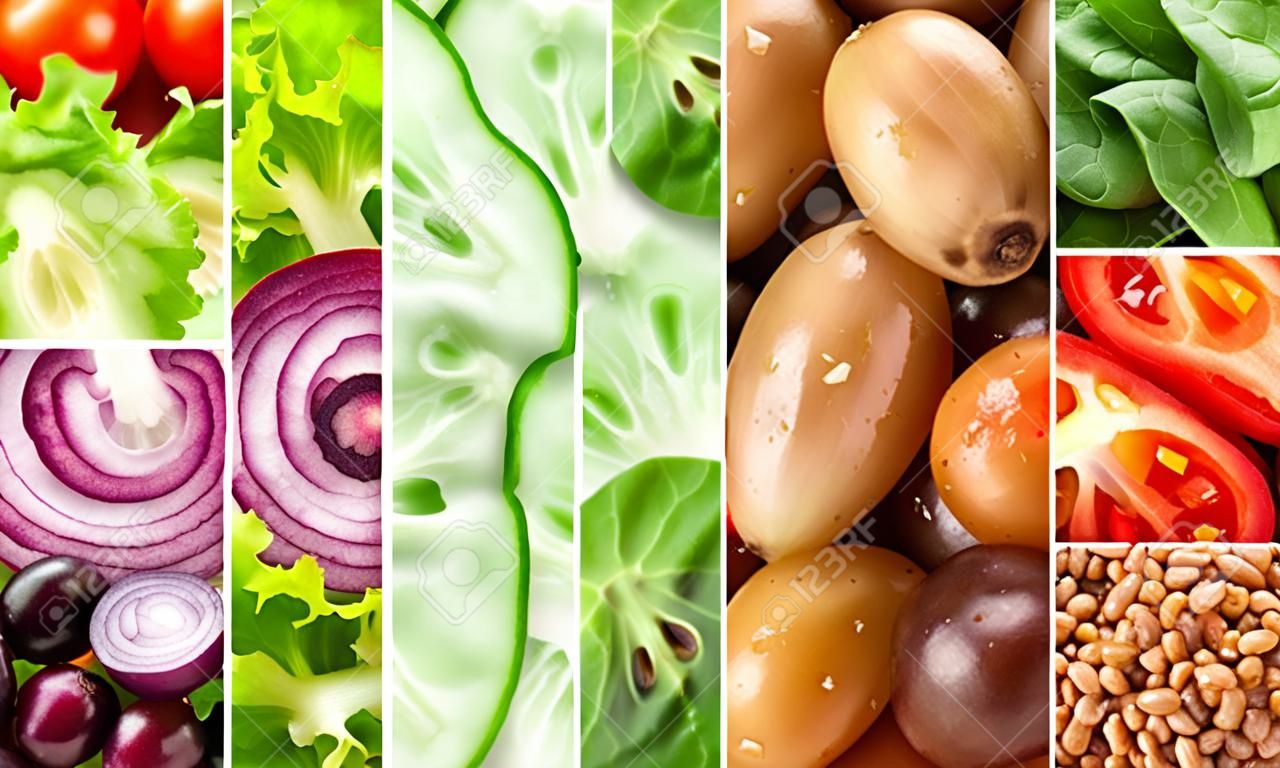 Fresh vegetables collage background with vertical bands containing sliced mushrooms, lettuce, onion, cucumber, olives, tomato and basil or baby spinach leaves for healthy vegetarian and vegan cuisine