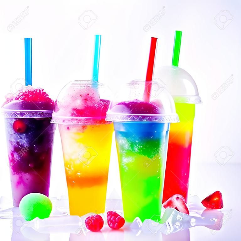 Still Life Close Up of Colorful Rainbow Layered Frozen Fruit Slush Drinks Arranged on Ice Covered White Surface in Plastic Take Away Cups with Drinking Straws - Trio of Refreshing Granitas