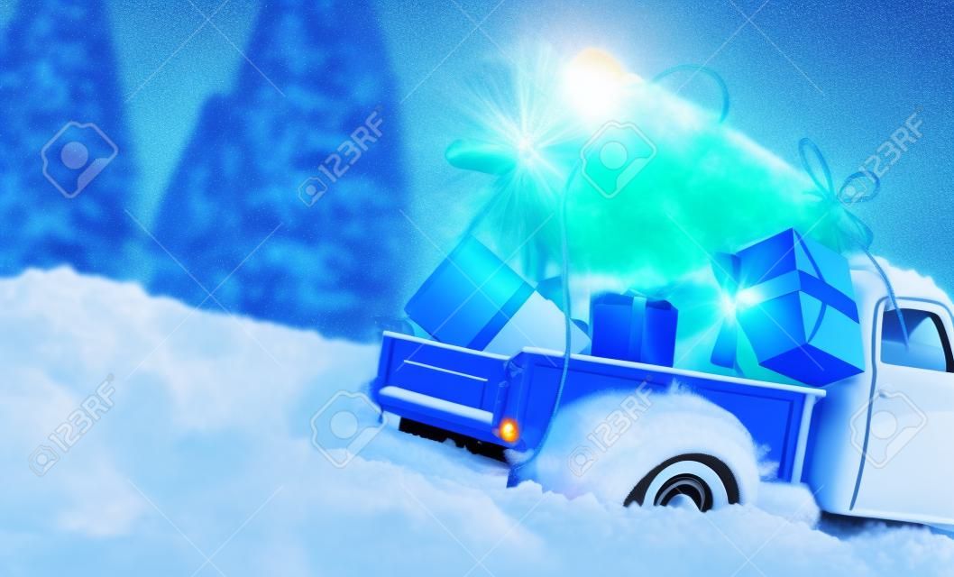 蓝色X MAS卡车bringign礼物给所有的孩子