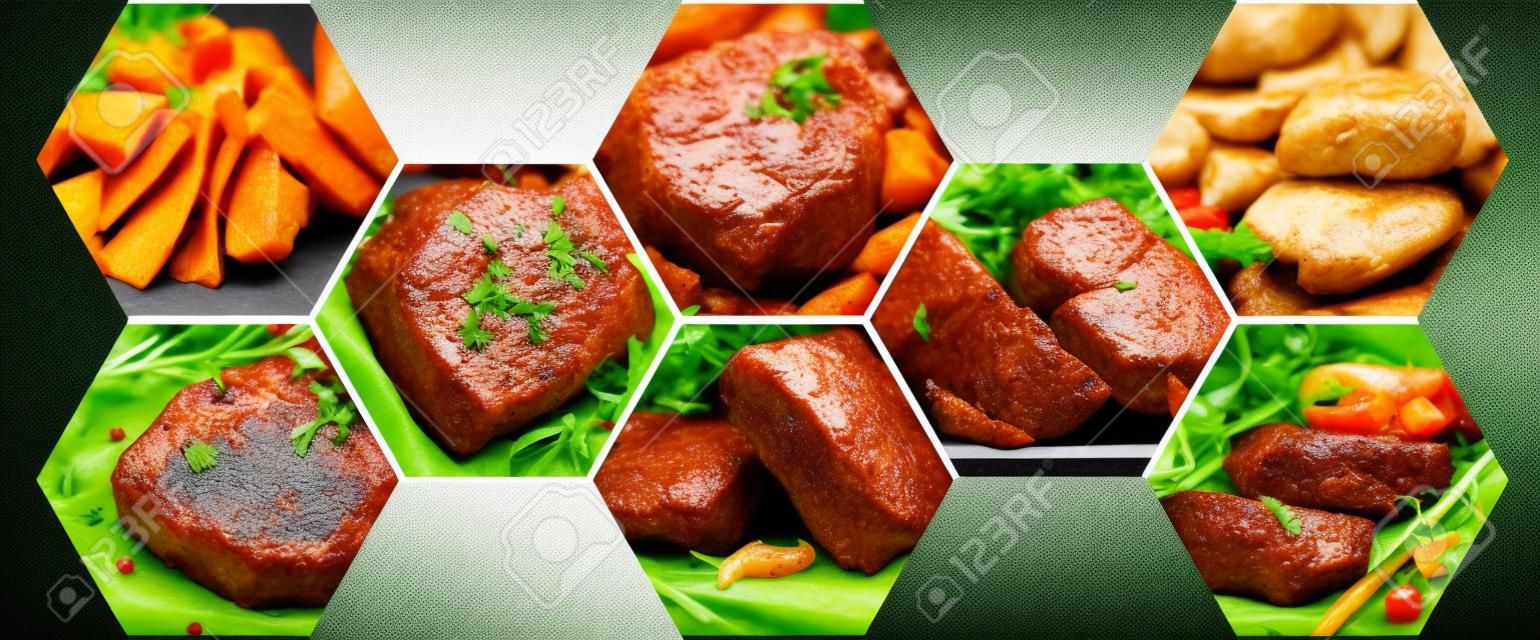 肉の種類で六角形組成のコラージュ