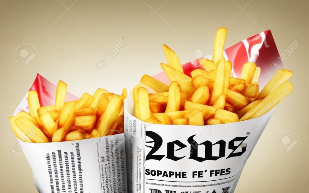 Two newspaper cones of French fries isolated on white in a fast food and takeaway concept
