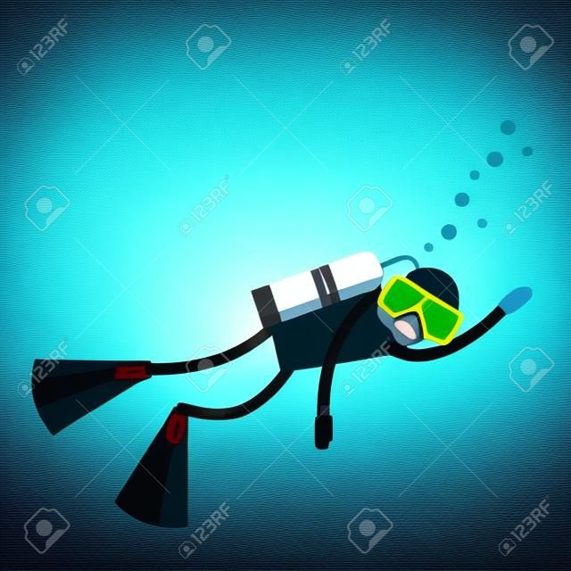 Vector male character - diver with a scuba diving suit and flippers - swimming under water. Underwater people diver isolated - extreme diving sport. Cartoon diver isolated