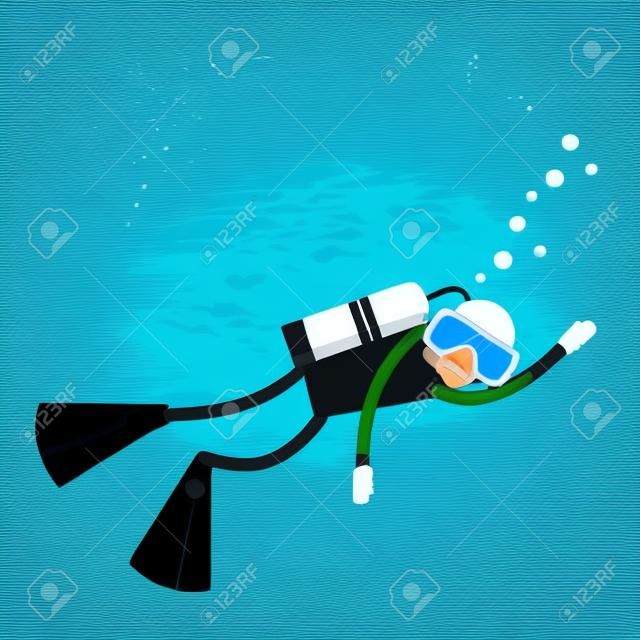 Vector male character - diver with a scuba diving suit and flippers - swimming under water. Underwater people diver isolated - extreme diving sport. Cartoon diver isolated