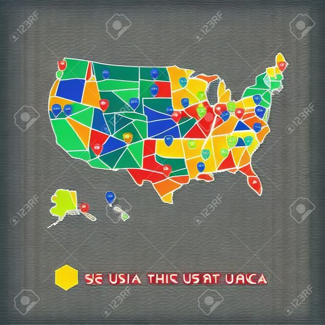 Fundo abstrato dos EUA com pinos coloridos em um mapa - ilustração vetorial