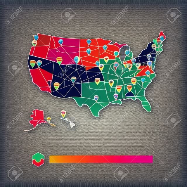 Fundo abstrato dos EUA com pinos coloridos em um mapa - ilustração vetorial