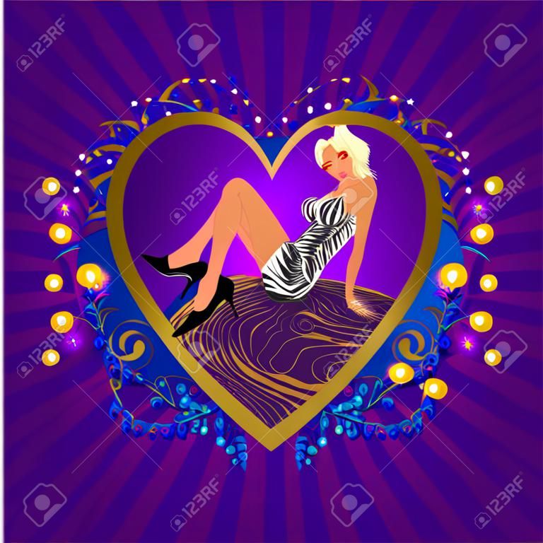 girl in the suit of tigress sits on a heart 