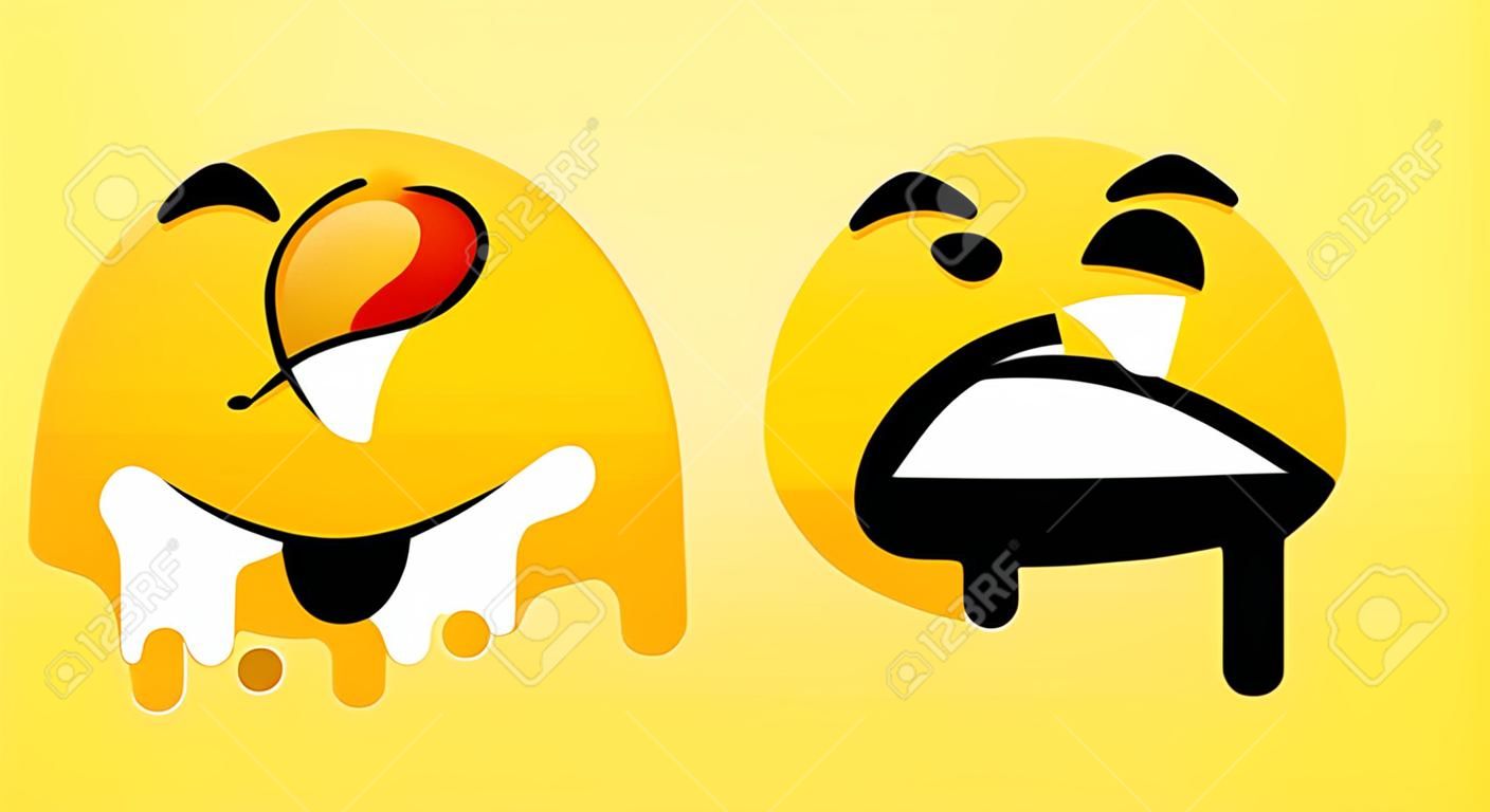 Bad experience feedback, unhappy client, overeating , tasteless, service quality, angry face, mad emoticon sticker. Yummy happy smile with tongue lick mouth. Delicious tasty food emoji, vector icon
