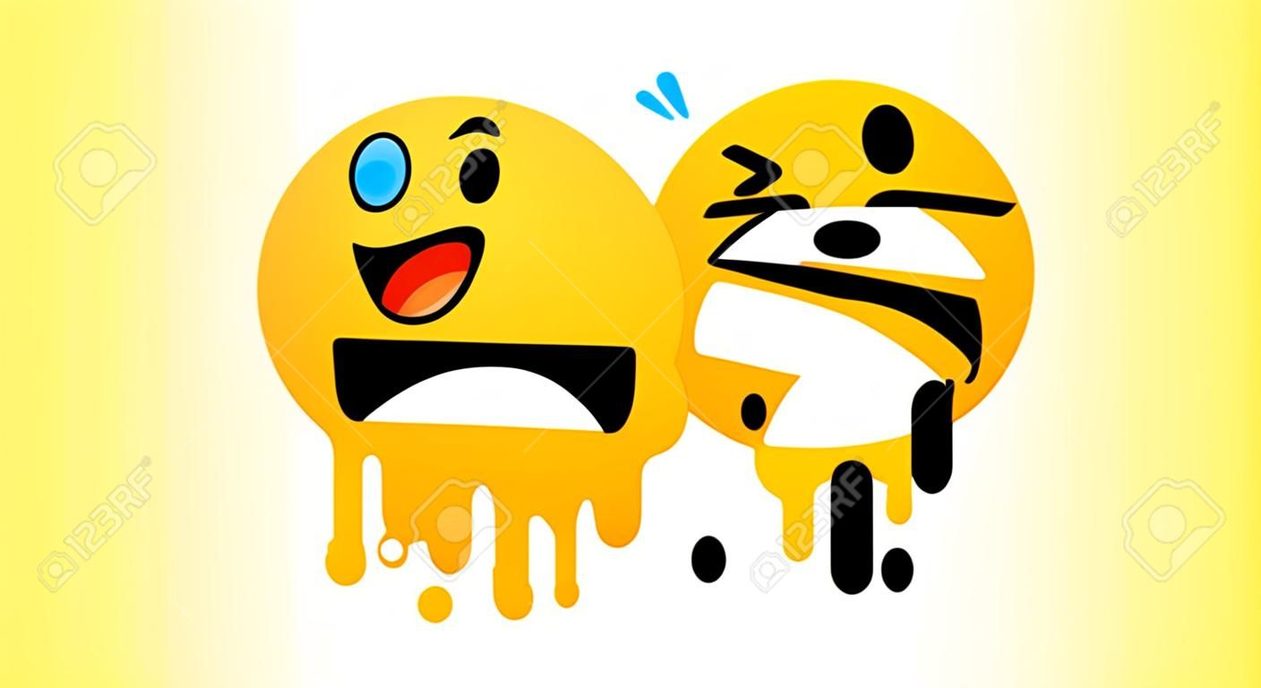 Bad experience feedback, unhappy client, overeating , tasteless, service quality, angry face, mad emoticon sticker. Yummy happy smile with tongue lick mouth. Delicious tasty food emoji, vector icon