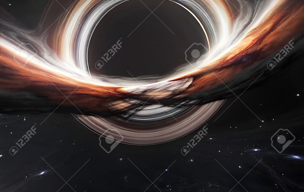 3D illustration of Black hole absorbing light in deep space. 5K realistic science fiction art.