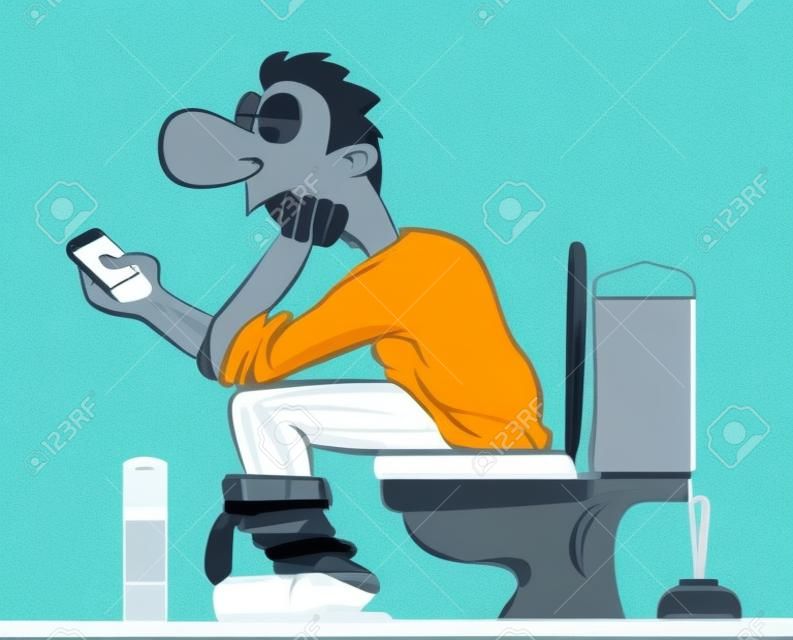 あなたの携帯電話をトイレに座っている男。