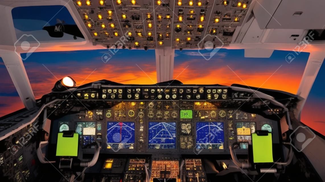 airplane cockpit Flight Deck in sunset