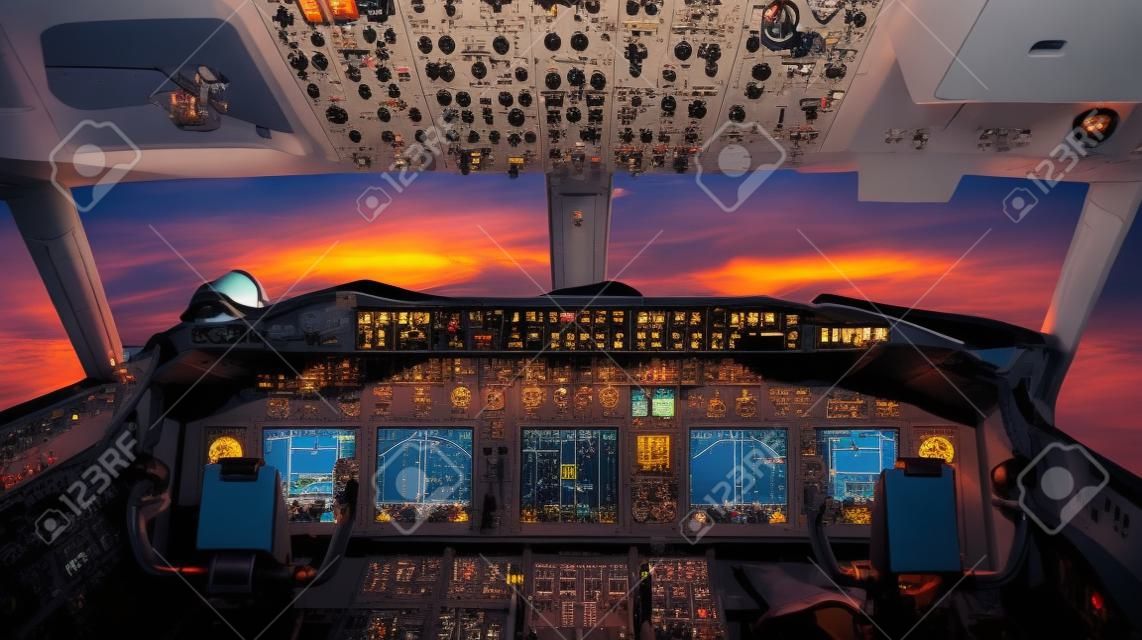 Samolot kokpitu Flight Deck w zachodzie słońca